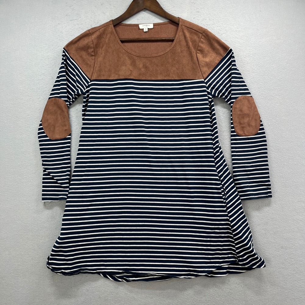 Umgee USA Tunic Top Womens M Navy White Striped Faux Suede Elbow Patches Shirt